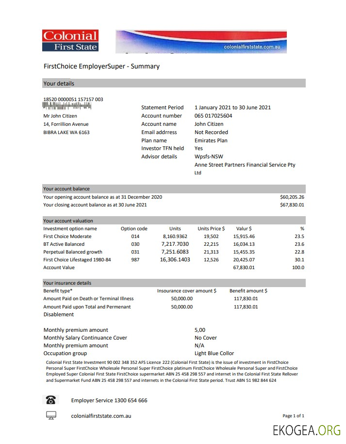 Modèle de relevé de la Australia Colonial First State Bank au format Excel et PDF, entièrement modifiable
